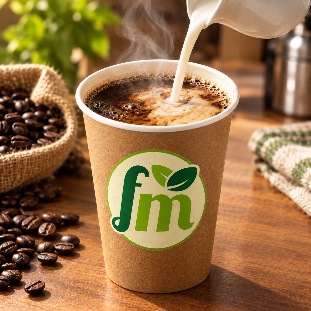A paper cup of hot coffee with milk being poured in, steam rising